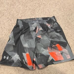 Under Armour Men's Geometric Swim Trunks in Gray and Red